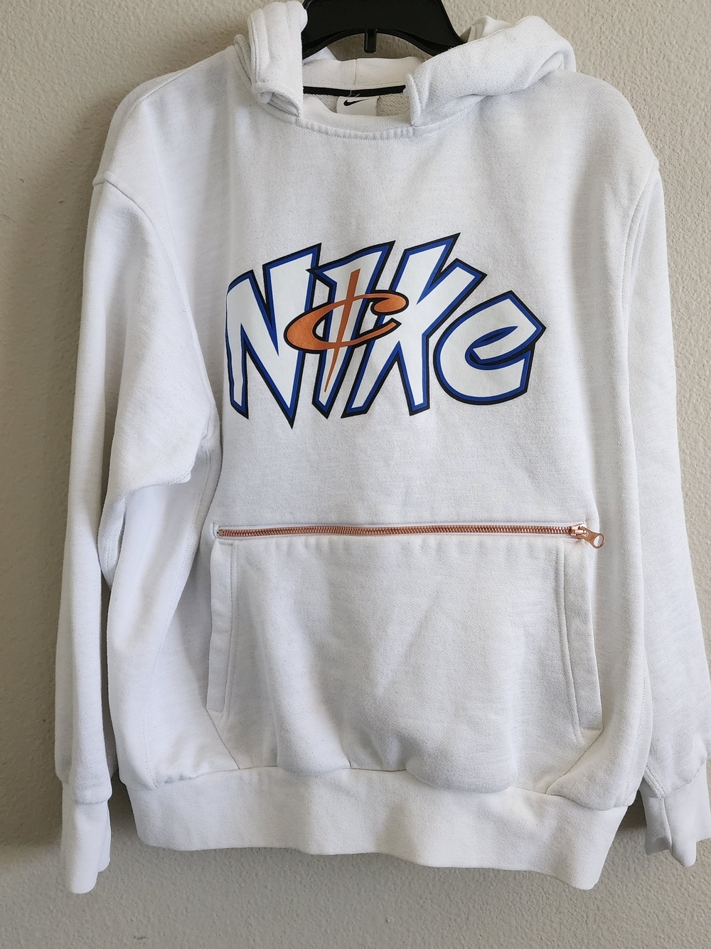 Nike White Graphic Logo Hoodie with Blue & Orange Accents